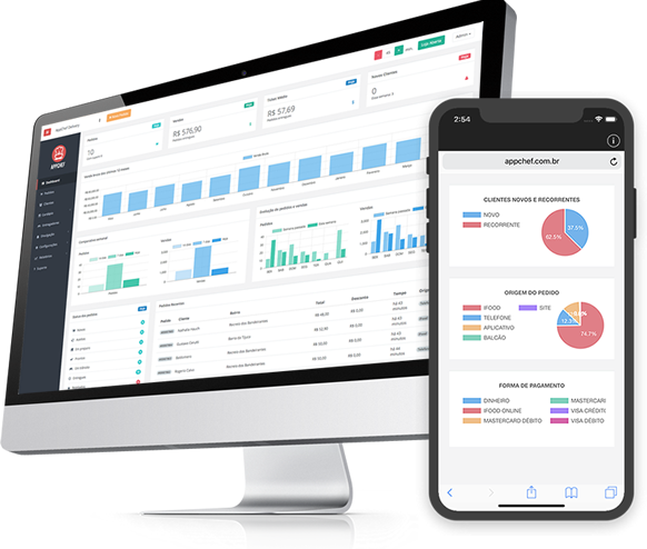 Aplicativo e painel de gestão do AppChef rodando em celular e notebook